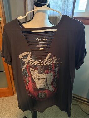 Fender Black Tee with Red and White Guitar Graphic